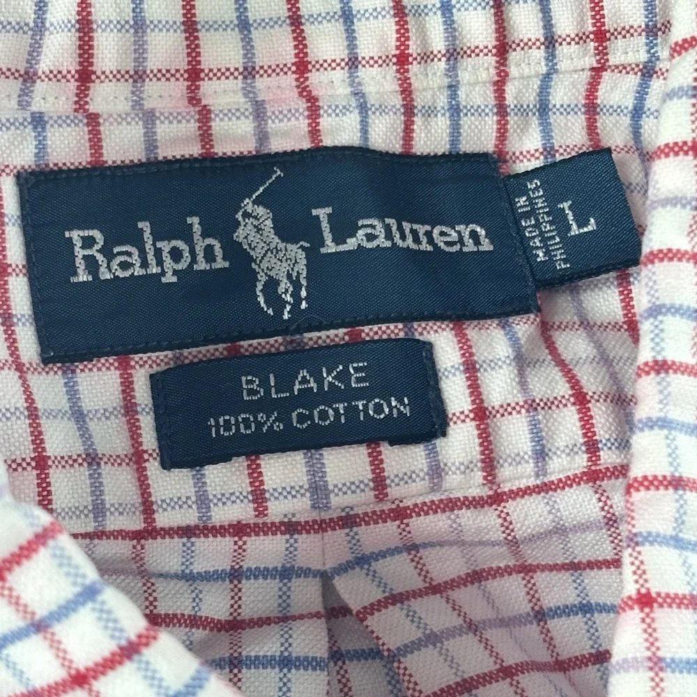 VTG Polo Ralph Lauren Shirt Mens L Oxford Plaid‎ Blake Button Up Blue Red Preppy